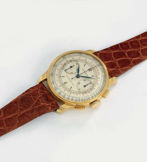 Longines. A fine and rare 18K gold chronograph wristwatch with two-tone silvered dial