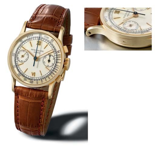 Patek Philippe. A fine and rare 18K gold chronograph wristwatch with two-tone silvered dial
