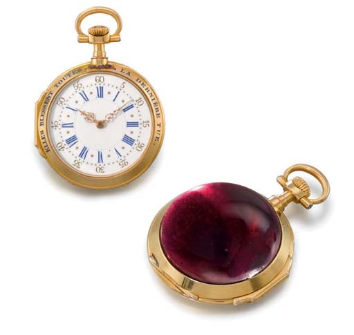 Patek Philippe. A very fine, rare and possibly unique 18K gold, enamel and garnet-set openface keyless lever pendant watch