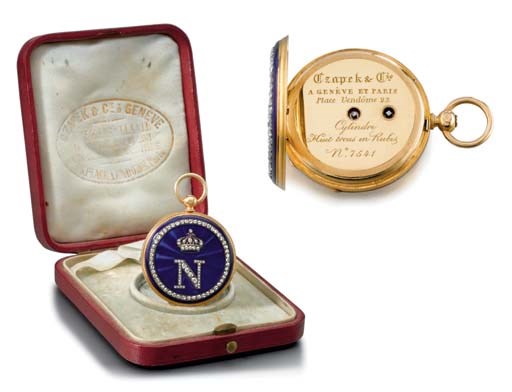 Czapek & Cie. A fine and unusual 18K gold and enamel openface cylinder watch with original box, made for Emperor Napoleon III