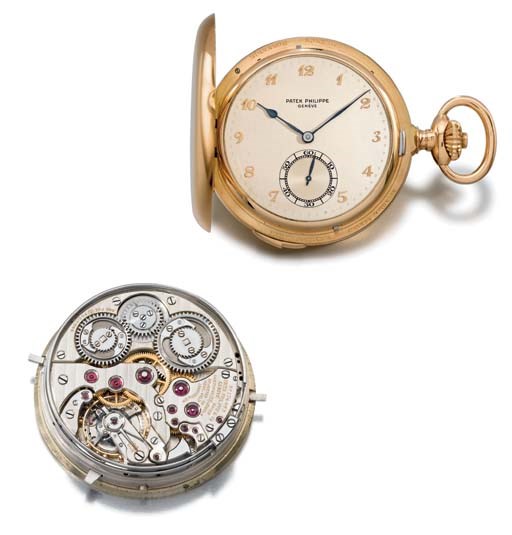 Patek Philippe. A superb, fine and extremely rare 18K gold massive hunter case two-train minute repeating keyless lever clock watch with grande and petite sonnerie and Bulletin d'Observatoire
