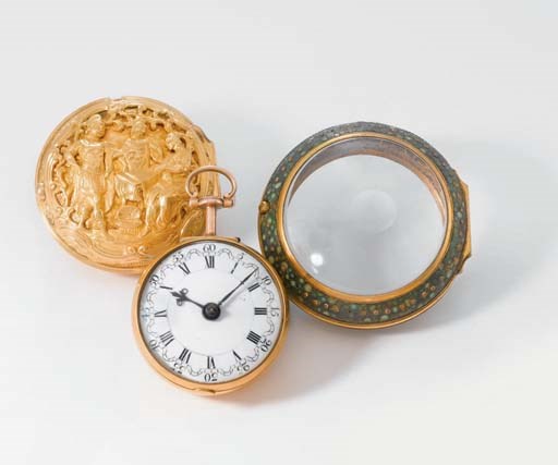 William Crayton. A fine 18K gold triple case repousse verge watch