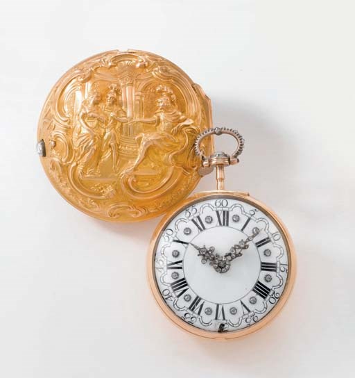 Wilbers. A fine 18K gold and paste-set repousse pair case verge watch