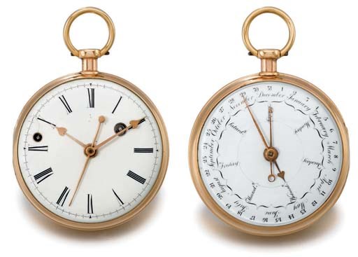Desmarais. An unusual 18K gold double dial calendar watch with centre seconds