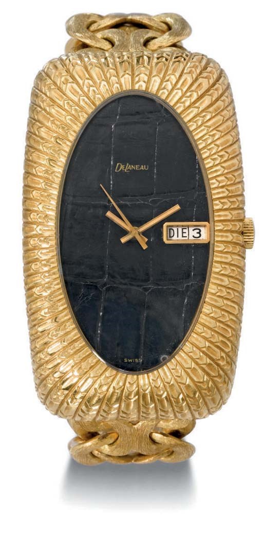 DeLaneau. A large and unusual 18K gold self-winding rectangular-shaped calendar wristwatch with sweep centre seconds and bracelet