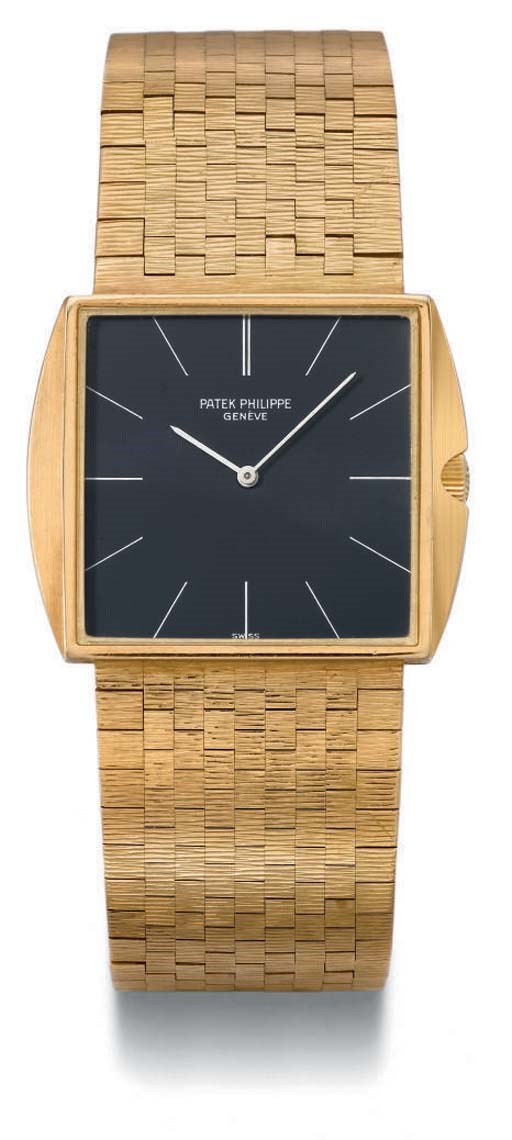 Patek Philippe. An 18K gold square-shaped wristwatch with bracelet