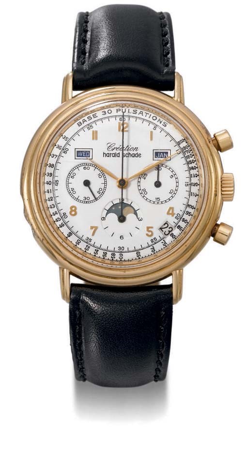 Harald Schade. A fine and rare 18K gold limited edition water-resistant self-winding full calendar chronograph wristwatch with phases of the moon and pulsation scale