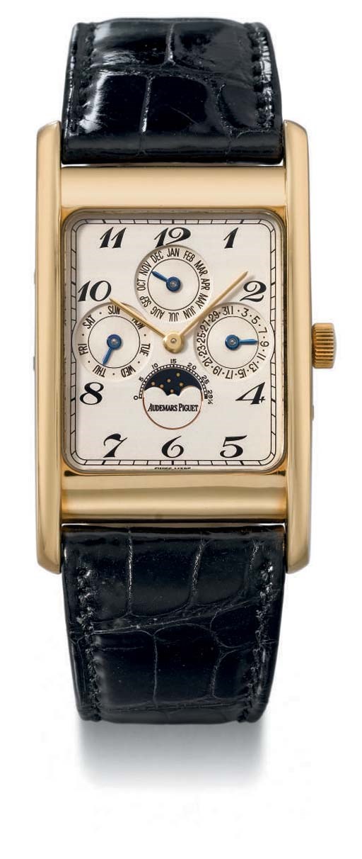 Audemars Piguet. A fine 18K gold rectangular perpetual calendar wristwatch with phases of the moon