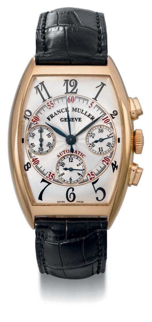 Franck Muller. A fine and large 18K pink gold self-winding tonneau-shaped curved chronograph wristwatch