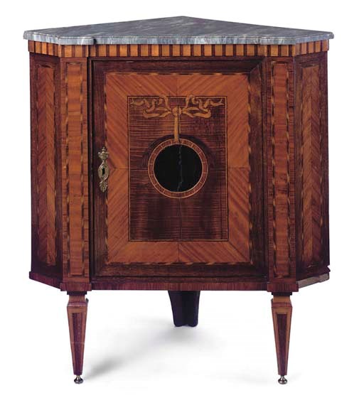 A DUTCH TULIPWOOD, AMARANTH AND EBONISED CORNER CABINET