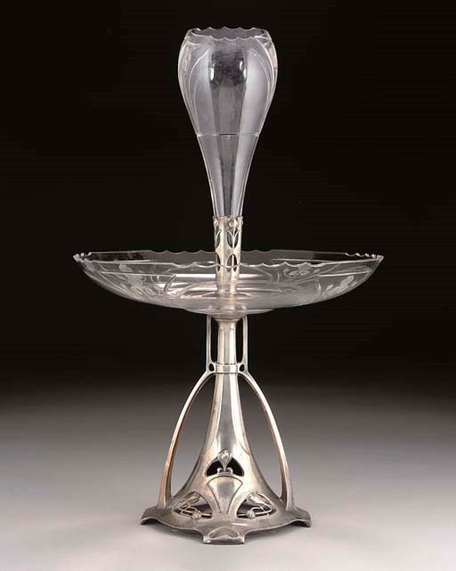 A WMF SILVERED METAL AND ENGRAVED GLASS CENTREPIECE