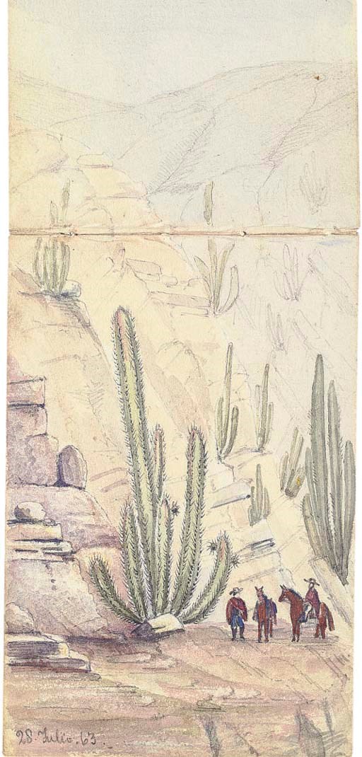YOUNGHUSBAND, Oswald (1833-1881).  An album of twenty five sketches, seven double-page, of travels in Ecuador and Peru, 29 May 1863-January 1864, comprising: Plantains, Guayaquil; Guayaquil, Ecuador, 29 May 63; "Balsa" on the Guayaquil River, Ecuador, S.A. 29 May 63 from the steamer "Callao"; Sketch, town of Guayaquil 29 May 63 from the steamer "Callao"; On the Guayaquil River 29 May 63; "Balsa" Payta Peru 30 May 63; Chincha Islands, Peru From the North 6 June 63; Ballista Islands - South of the Chinchas 6 June 63; Quilca, Peru 8 June 63 7.AM.; Cross on summit of San André 3000 (3340) ft high. (?) Islay 10 June 63 About 4 miles form Islay - Ascended on foot; The "Misti" from the gorge of the Arequipa river 28 June 63; The Ensenada 1 league and ¼ from Sambo Valley ... 7 Julio 63; Ensenada where I slept 3 nights - a branch of the Sambo Valley, Peru 7 July 1863; Cacti in deep "Quebrada"... 28 Julio 63; Interior of my tent. Camp, Yarando - 16 Augst 63; Camp near quebrada of Yarando 16 Augst 63; Camp - Yarando; looking towards the mountains, called the "Lomas of Calmintala" 24 Augst. 63; [Travellers on horseback]; [Travellers on a high road in Peru]; A high road in Peru!; Cactus, with parasites, in the quebrada of Calmintala, Peru; 24 Jan 64; Camp kitchen - Jany 1864; and "Chinchas", some signed with initials 'O.Y.', all inscribed and dated as titled pencil and watercolour oblong album 3½ x 5in. (9 x 12.8cm.) overall Oswald Younghusband (ownership inscription 'Oswald Younghusband Weymouth  Dorset.  28. April 1863.' on the front pastedown), and thence by descent to the present owner.

Younghusband was a Civil Engineer working on the railways, initially in England and from 1856 in Spain and Portugal. In 1863 he was appointed chief engineer in charge of surveys of the Islay and Arequipa railway in Peru and the present album includes sketches of Ecuador and Peru taken on his journey to Peru to take up his new position. He worked in Peru until 1868, on the construction and running of the Pisca and Yea, Iquique and La Noria railways, culminating in managing the Linia railways prior to leaving to work on the railways in the United States in 1869. For memoirs of his career see the Minutes and Proceedings (1881), Institute of Civil Engineers (Great Britain), 64, p.339.