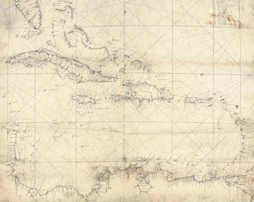 CUBA -- Fine manuscript chart on vellum of Cuba, the West Indies and the Caribbean including the southern tip of Florida and the Florida Keys and the north coats of Colombia and Venezuela, inset key in Spanish listing 23 Cuban beaches, numerous harbours, inlets and other coastal settlements named, land-masses shaded in grey, rhumb lines (a few small pieces torn from edge with slight loss to manuscript frame, some light staining), ?late 18th-century, maximum dimensions 740 x 660mm.