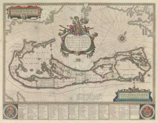 BLAEU, Willem (1571-1638). Mappa Aestivarvm Infularum alias Barmudas, [Amsterdam: c. 1616]. Hand-coloured engraved map heightened with gold, title within figural cartouche supported by mermaids and surmounted by Neptune, with key panel at foot, 422 x 545mm. Framed and glazed.