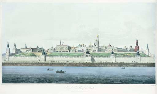LYALL, Robert (d.1831).  The Character of the Russians and a Detailed History of Moscow ... with a Dissertation on the Russian Language. London: T. Cadell, 1823. 4° (274 x 222mm). Half title, hand-coloured aquatint frontispiece and 22 plates, 11 hand-coloured, 4 folding, folding engraved plan of Moscow at the end (occasional very light spotting and staining, mainly towards the beginning). 19th-century half morocco by C. Le Feuvre, Jersey, spine gilt (extremities rubbed, corners bumped). Provenance: Philip de Gruchy (armorial bookplate). Abbey Travel 227; Prideaux pp. 228 & 343.