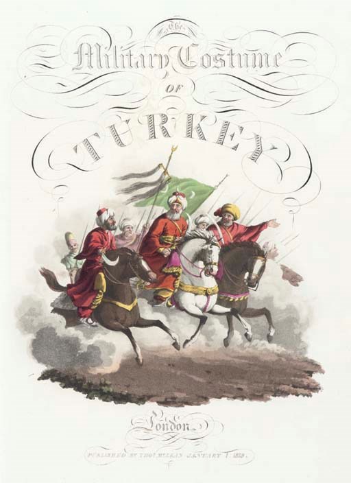 COSTUME. A collection of 6 costume books. London: various imprints, 1800-1818 [plates watermarked 1821-22]. 6 volumes, 2° (356 x 258mm). Text in English and French. Uniformly bound in contemporary blue straight-grained morocco, spines ornately gilt with 'Costumes' and the name of the relevant country in gilt in 2 compartments, wide gilt and blindstamped border round sides, gilt turn-ins, gilt edges (a few marks and scuff-marks).