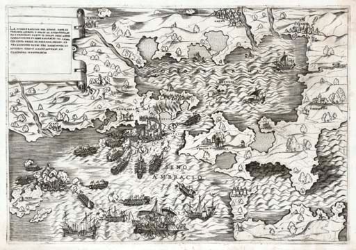 GREECE, Gulf of Artha -- [?SCHOOL OF LAFRERI]. Gulf of Artha. [c.1565]. Engraved view of Barbarossa's and the Christian fleet in and beyond the Gulf of Artha (very lightly stained at top right hand corner), 293 x 428mm. Tooley (1939) 290.