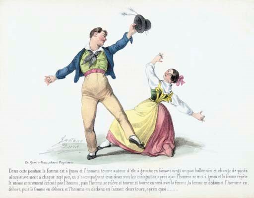 DURA, Gaetano. Souvenir de la Tarantella napolitaine dirigée par Louis Puccinelli, dessinée par Gétan Dura. Naples: Gatti & Dura, [c.1840]. Panoroama folded to small oblong 4° (3845 x 138mm). Lithographed title, plate of music and 18 hand-coloured plates including frontispiece (plates 6-17 detached, occasional very light spotting and soiling). Contemporary half calf gilt (rubbed, contents never bound in). A rare panorama illustrating the popular dance of Southern Italy and Sicily. cf. Colas 921 for a similar work.
