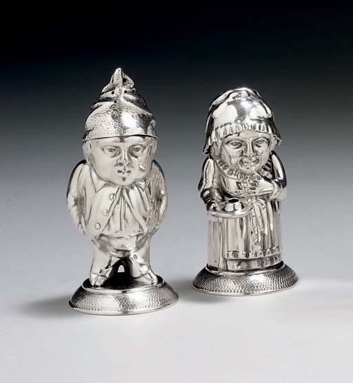 A PAIR OF VICTORIAN SILVER FIGURAL CASTERS
