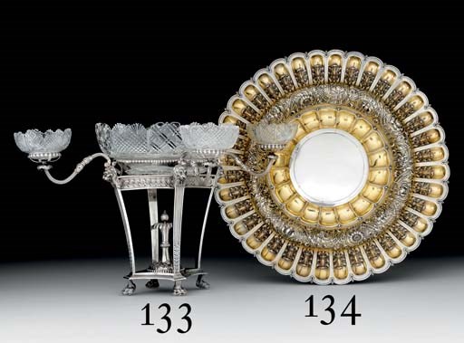 A GEORGE III SILVER AND GLASS EPERGNE