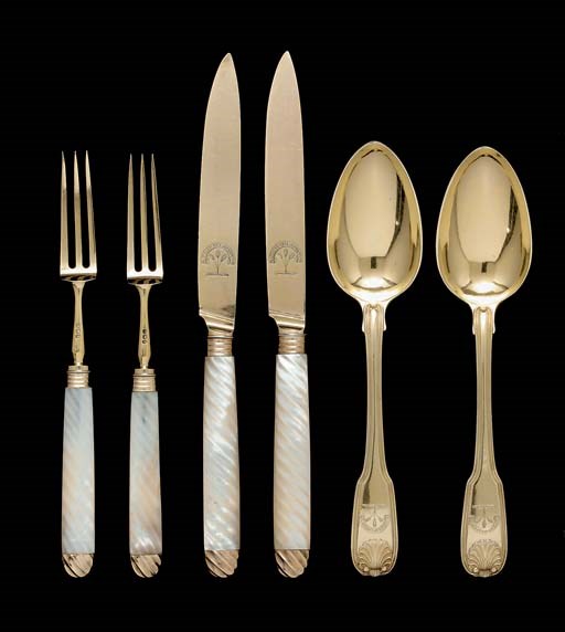 A GEORGE III SILVER-GILT AND MOTHER-OF-PEARL DESSERT SERVICE