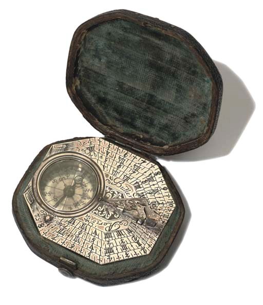 A good small French silver Butterfield compass sundial,