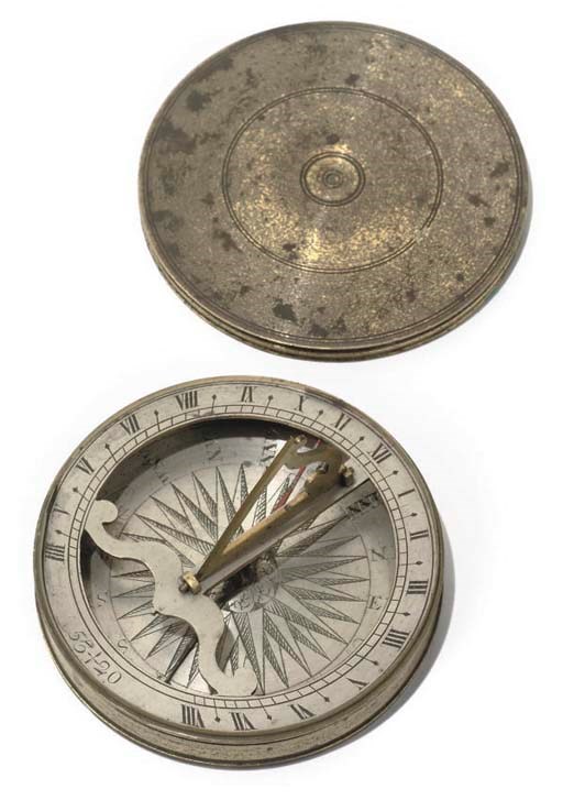 An English lacquered-brass and silvered portable compass sundial,