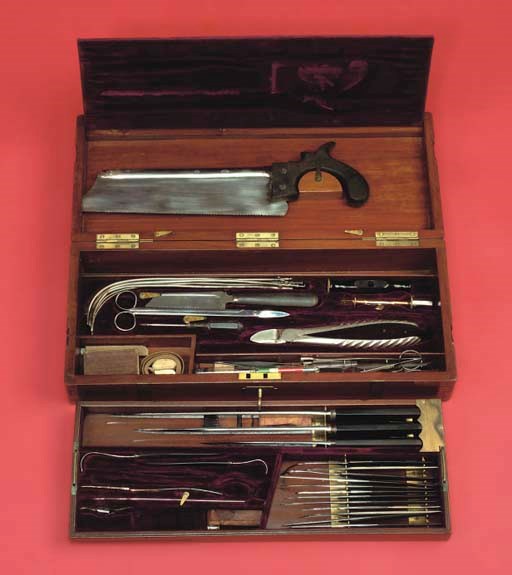 A good late Victorian composite mahogany and brass surgical instrument set,