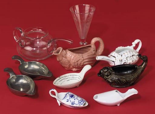 A collection of pap-boats and measures,