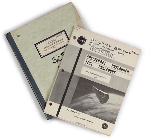 a mercury 18 bound set of data printouts and a Gemini pre launch test procedure manual,
