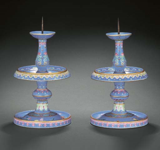 A FINELY ENAMELLED RARE PAIR OF FAMILLE ROSE LAVENDER-BLUE GROUND PRICKET CANDLESTICKS