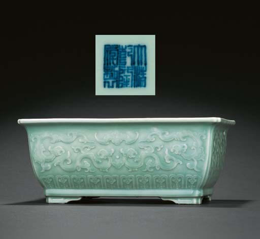 A FINE CELADON-GLAZED MOULDED RECTANGULAR JARDINIERE