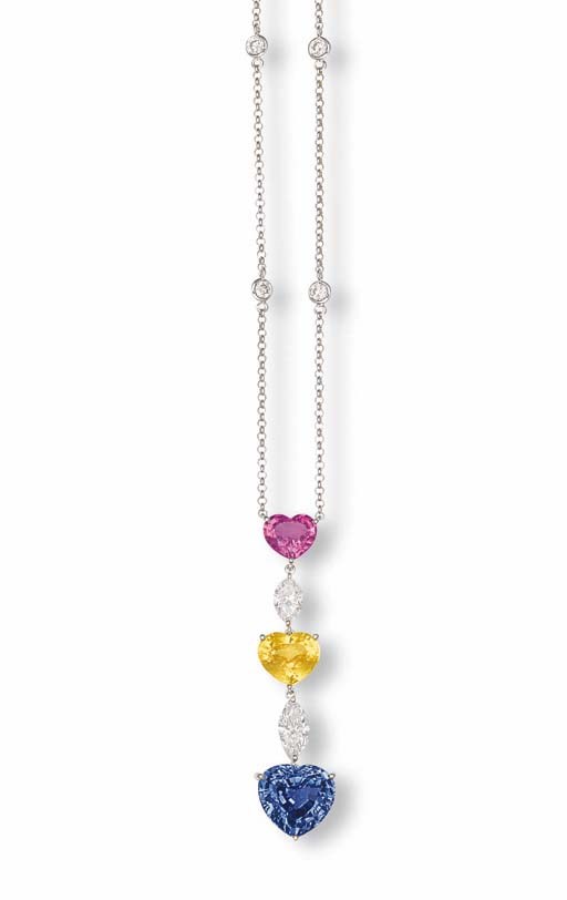 A COLOURED SAPPHIRE AND DIAMOND PENDENT NECKLACE