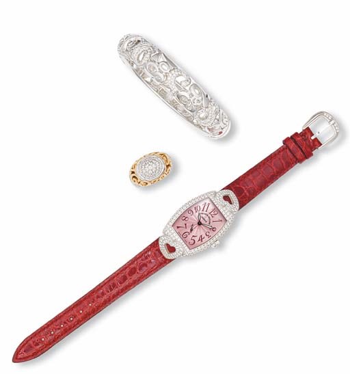 A LADY'S 18K WHITE GOLD AND DIAMOND 'CURVEX COEUR' WRISTWATCH AND A SET OF DIAMOND JEWELLERY, BY FRANCK MULLER