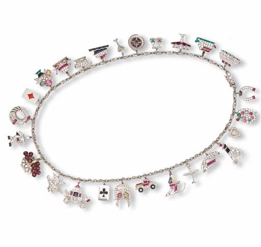 A PLATINUM, MULTI-GEM AND DIAMOND CHARM NECKLACE