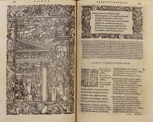 ARIOSTO, Lodovico (1474-1533).  Orlando furioso ... tutti ricorretto, & dinuoue Figure adornato, edited by Geronimo Ruscelli (and others). Venice: Appresso Felice Valgrisi, 1603. 4°. Title within elaborate woodcut architectural border, illustrations, some full-page, initials and decorations, printed in double column (a few headlines cropped). Later tree calf (rebacked, a few strips worn, scuffed).