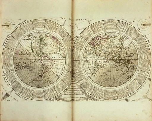 DUNN, Samuel.  A New Atlas of the Mundane System; or, of Geography and Cosmography. London: Robert Sayer, 1788, 2°. 50 double-page engraved maps and plans hand-coloured in outline (some staining). Later morocco-backed cloth boards gilt. cf. Phillips 3515.