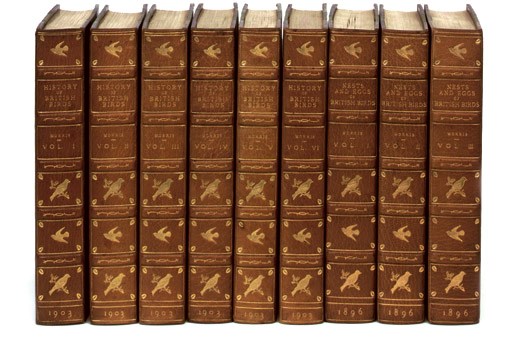 MORRIS, Francis Orpen (1810-93).  A History of British Birds. London: 1903. 6 volumes, large 8°. Hand-coloured wood-engraved plates. Contemporary green half morocco, spines gilt with bird motifs in the compartments, top edges gilt (spines faded). Nissen IVB 645.