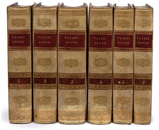 VASARI, Giorgio (1511-74).  Opere. Florence: 1822-23. 6 volumes. 8°. Engraved portraits (occasional light spotting). Contemporary half vellum with red and brown morocco lettering-pieces. LARGE PAPER COPY.