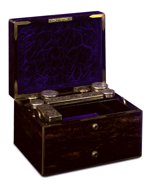 A MID-VICTORIAN CALAMANDER AND BRASS-BOUND TOILET BOX
