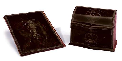 AN EDWARDIAN TORTOISESHELL-VENEERED STATIONERY CASKET AND BLOTTER