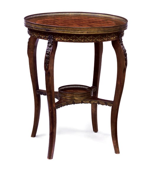 A LATE VICTORIAN BRASS-MOUNTED MAHOGANY, TULIPWOOD, AMARANTH AND PARQUETRY TWO-TIER CIRCULAR OCCASIONAL TABLE
