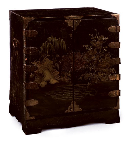 A JAPANESE BLACK AND GOLD LACQUER TABLE CABINET