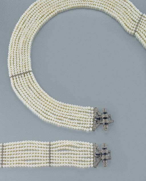 DEMI PARURE IN PERLE COLTIVATE, BRILLANTI E ZAFFIRI