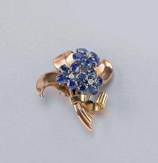 SPILLA CON ZAFFIRI E BRILLANTI, FIRMATA BOUCHERON LONDON