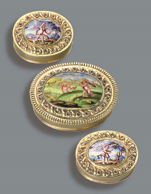 THREE GERMAN BAROQUE SILVER-GILT BOXES INSET WITH ENAMEL MINIATURES