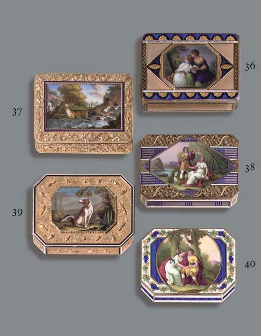 A SWISS PARCEL-ENAMELLED GOLD SNUFF-BOX