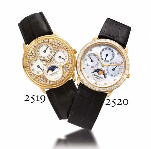 AUDEMARS PIGUET. AN UNUSUAL SPECIAL EDITION 18K GOLD AND DIAMOND-SET AUTOMATIC PERPETUAL CALENDAR WRISTWATCH WITH PHASES OF THE MOON