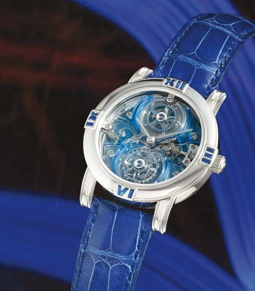 CORUM. A VERY FINE AND RARE LIMITED EDITION PLATINUM SKELETONISED MYSTERY WRISTWATCH WITH ONE MINUTE TOURBILLON MOVEMENT BY CHRISTOPHE CLARET