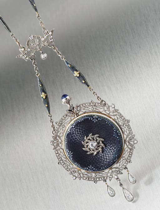 PATEK PHILIPPE. A FINE AND RARE PLATINUM, GOLD, ENAMEL AND DIAMOND-SET PENDANT WATCH WITH CHAIN